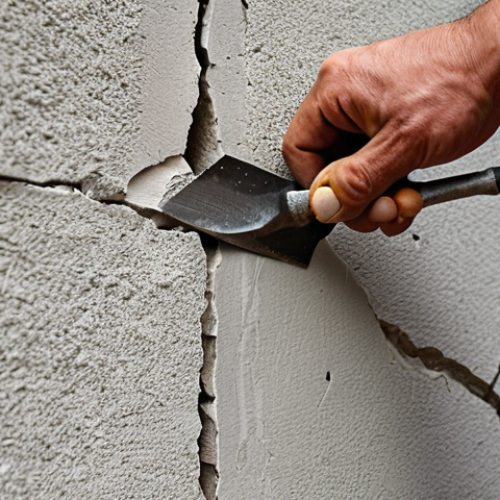 Home 11 **Cracked Wall Repair:** Image of a home's exterior wall with cracks being repaired. Include tools and materials (cement, trowel). Focus on showing the process of filling the cracks.