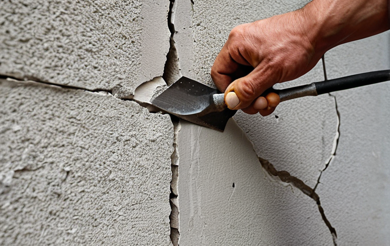 **Cracked Wall Repair:** Image of a home's exterior wall with cracks being repaired. Include tools and materials (cement, trowel). Focus on showing the process of filling the cracks.