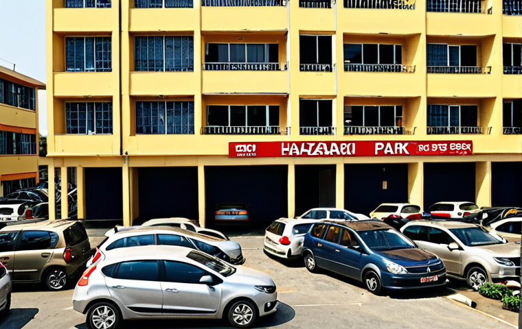 **A crowded apartment building parking lot with cars haphazardly parked. Emphasize the frustration and chaos of limited parking spaces. Include Bengali signage and details.**
