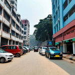 A modern city street scene in Dhaka, Bangladesh, showcasing a smart parking system with sensors and cameras. Show cars parked neatly in designated spots, and a mobile app interface displaying parking availability.