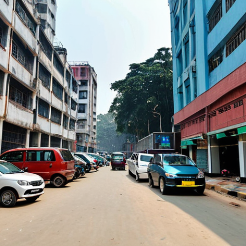 Home 24 A modern city street scene in Dhaka, Bangladesh, showcasing a smart parking system with sensors and cameras. Show cars parked neatly in designated spots, and a mobile app interface displaying parking availability.