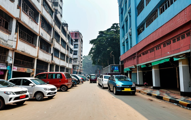 A modern city street scene in Dhaka, Bangladesh, showcasing a smart parking system with sensors and cameras. Show cars parked neatly in designated spots, and a mobile app interface displaying parking availability.