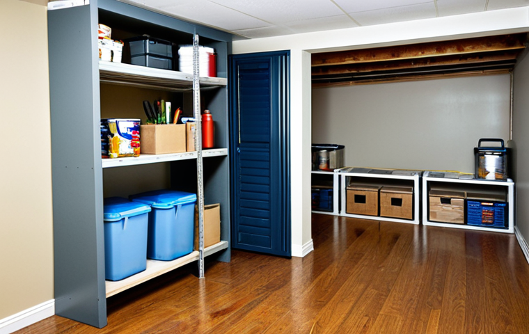 **
A well-maintained basement with a dehumidifier running. Shelves organize items stored off the floor in airtight containers. Walls are visibly treated with waterproofing. Good lighting and ventilation are apparent. "Safe for work," "appropriate content," "fully clothed," "family-friendly," "professional," "perfect anatomy," "correct proportions," "natural pose."
**