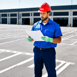 **

A fully clothed professional building manager inspecting a clean parking lot. The manager is wearing appropriate attire and holding a checklist. The parking lot is well-lit with marked spaces, minimal debris, and freshly painted lines. Safe for work, appropriate content, perfect anatomy, natural pose, high resolution, professional photography.

**