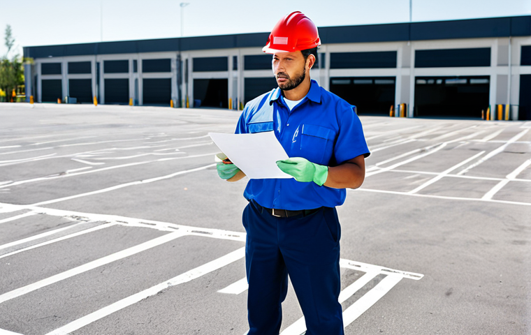 **
A fully clothed professional building manager inspecting a clean parking lot. The manager is wearing appropriate attire and holding a checklist. The parking lot is well-lit with marked spaces, minimal debris, and freshly painted lines. Safe for work, appropriate content, perfect anatomy, natural pose, high resolution, professional photography.
**