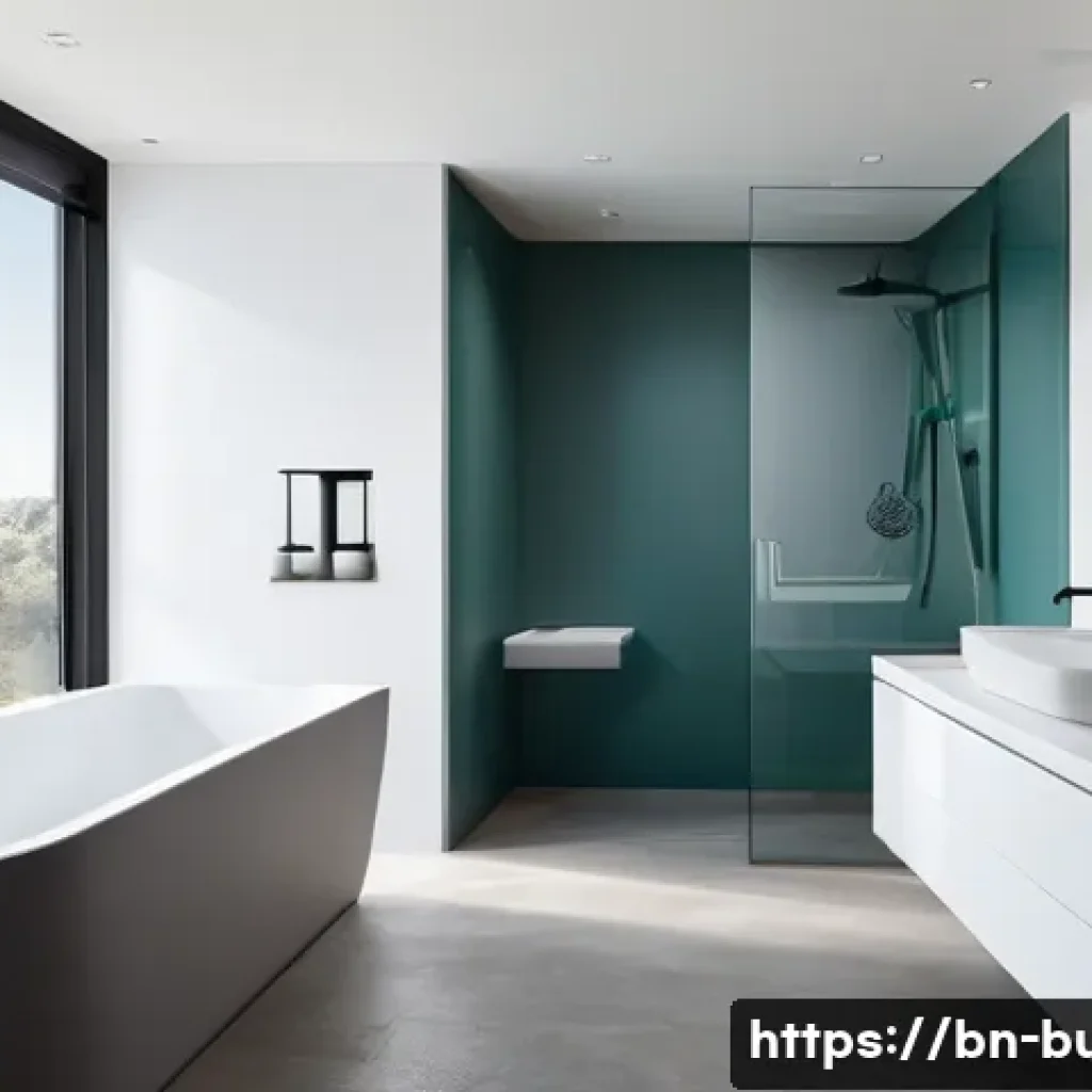 화장실 시설 유지보수 - **Prompt:** "A pristine, modern bathroom with a focus on eco-friendly design. The centerpiece is a s...