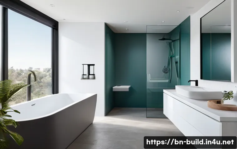 화장실 시설 유지보수 - **Prompt:** "A pristine, modern bathroom with a focus on eco-friendly design. The centerpiece is a s...