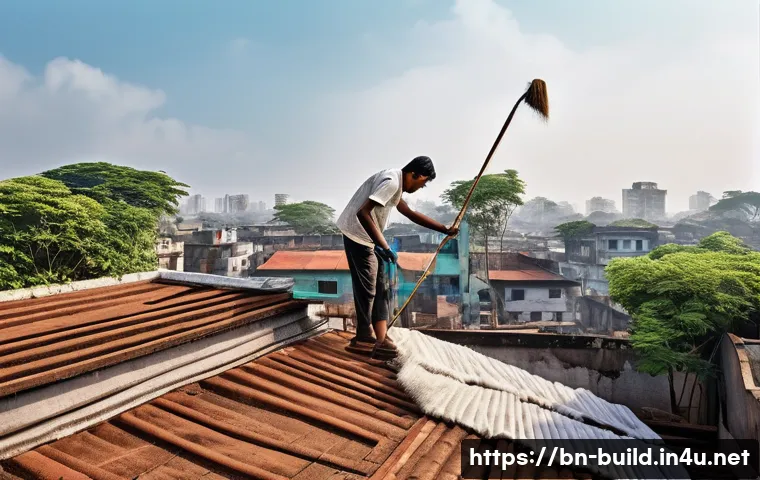 건물 옥상 정리 노하우 - A detailed outdoor scene of a Bengali man cleaning a rooftop under a clear morning sky, wearing stur...