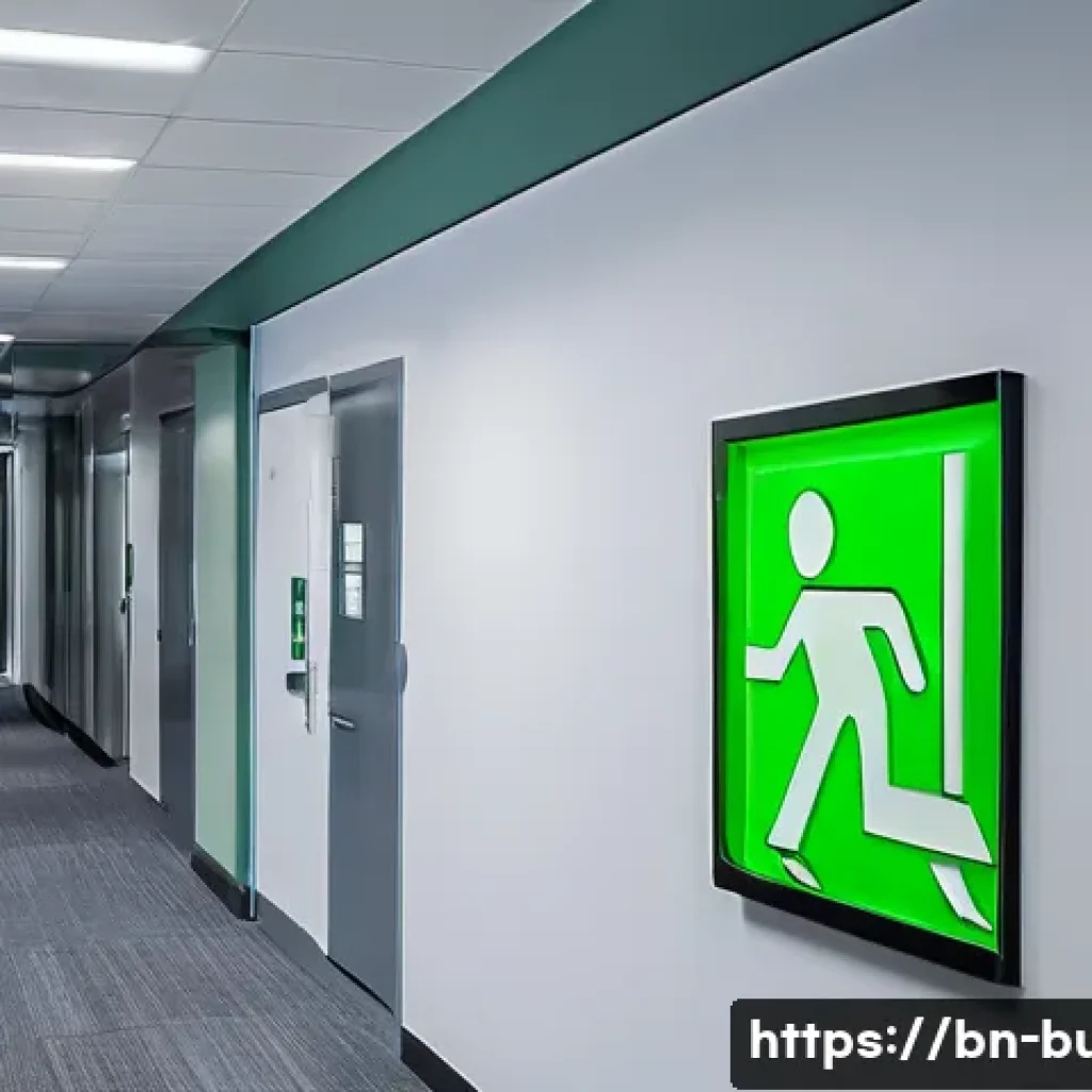 비상구 안전 표시 - A detailed indoor office scene showing a modern emergency exit pathway illuminated by bright green L...