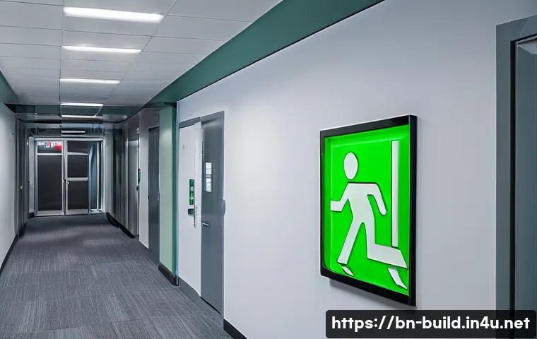 비상구 안전 표시 - A detailed indoor office scene showing a modern emergency exit pathway illuminated by bright green L...