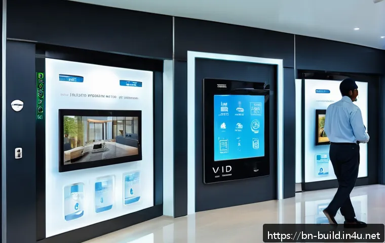 빌딩 관리 시스템 소프트웨어 - A modern residential building entrance equipped with advanced smart sensors and high-definition CCTV...