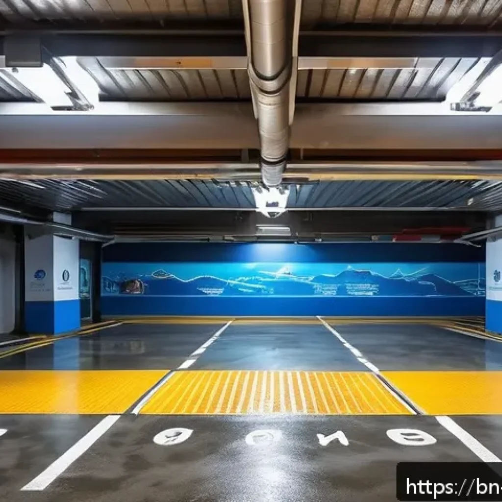 지하주차장 배수 문제 해결 - A modern underground parking lot featuring a smart drainage system with visible water level sensors ...