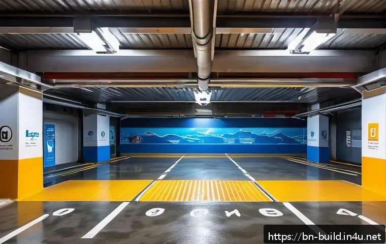 지하주차장 배수 문제 해결 - A modern underground parking lot featuring a smart drainage system with visible water level sensors ...