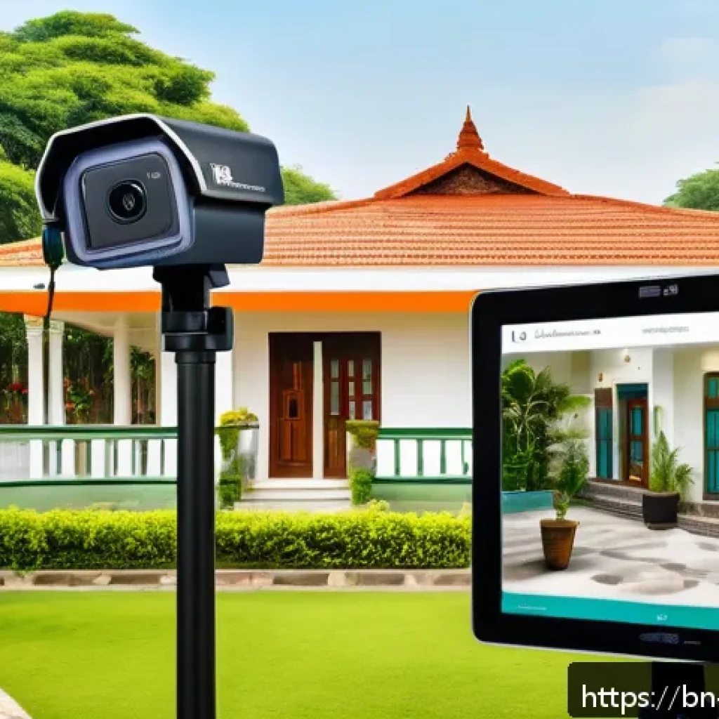 공용 공간 CCTV 관리 규칙 - A modern smart CCTV system installed outside a typical Bengali home, featuring sleek cameras with mo...
