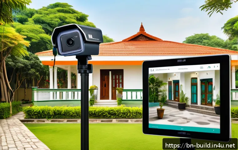 공용 공간 CCTV 관리 규칙 - A modern smart CCTV system installed outside a typical Bengali home, featuring sleek cameras with mo...