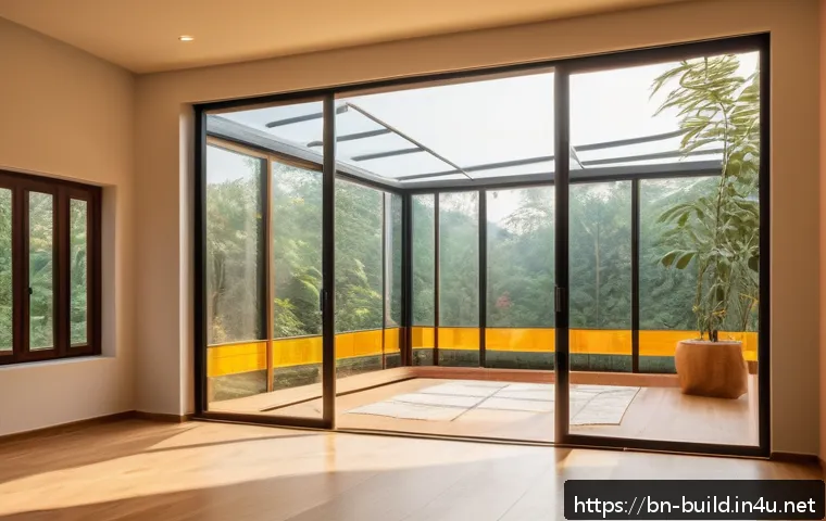 건물 단열 공사 - A modern home interior showcasing advanced thermal insulation technology: detailed cross-section vie...