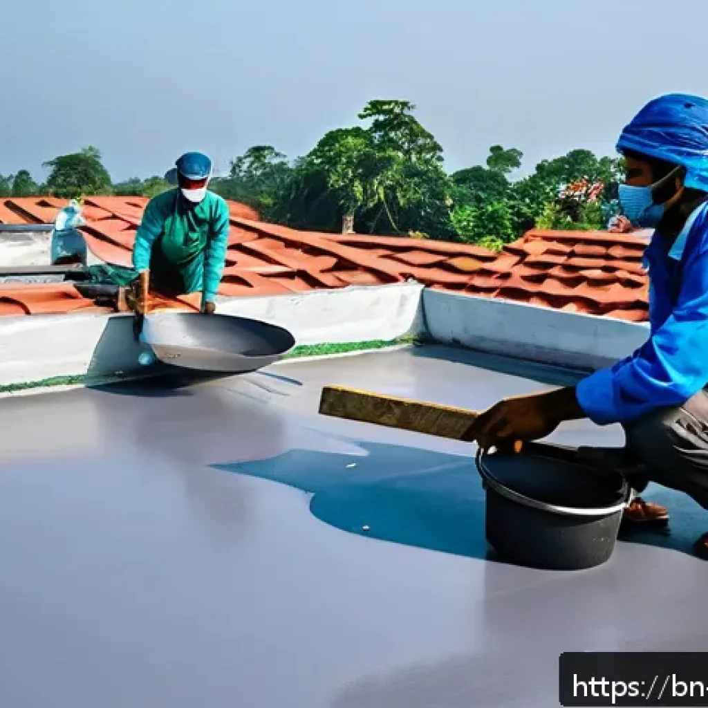 옥상 방수 시공 비용 - A detailed rooftop scene in Bangladesh showing workers applying polyurethane-based waterproof coatin...