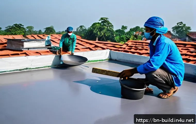 옥상 방수 시공 비용 - A detailed rooftop scene in Bangladesh showing workers applying polyurethane-based waterproof coatin...