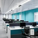 지하층 환기 시스템 - A modern underground office environment showcasing advanced air purification technology, featuring H...