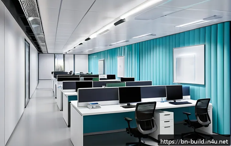 지하층 환기 시스템 - A modern underground office environment showcasing advanced air purification technology, featuring H...