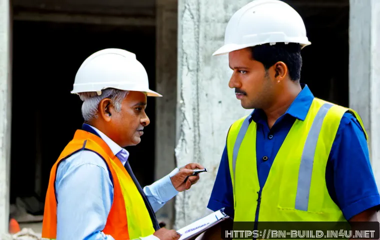 Home 17 노후 건물 안전진단 - Photorealistic building safety inspection of an aging mid-rise apartment block in Bangladesh, two pr...